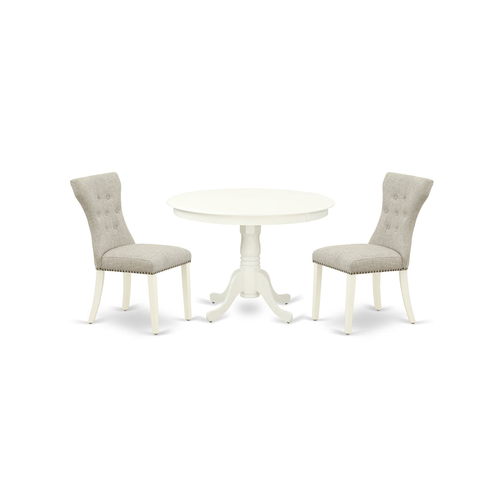 East West Furniture HLGA3-LWH-35 3 Piece Dining Room Table Set  Contains a Round Kitchen Table with Pedestal and 2 Doeskin Linen Fabric Parsons Dining Chairs, 42x42 Inch, Linen White