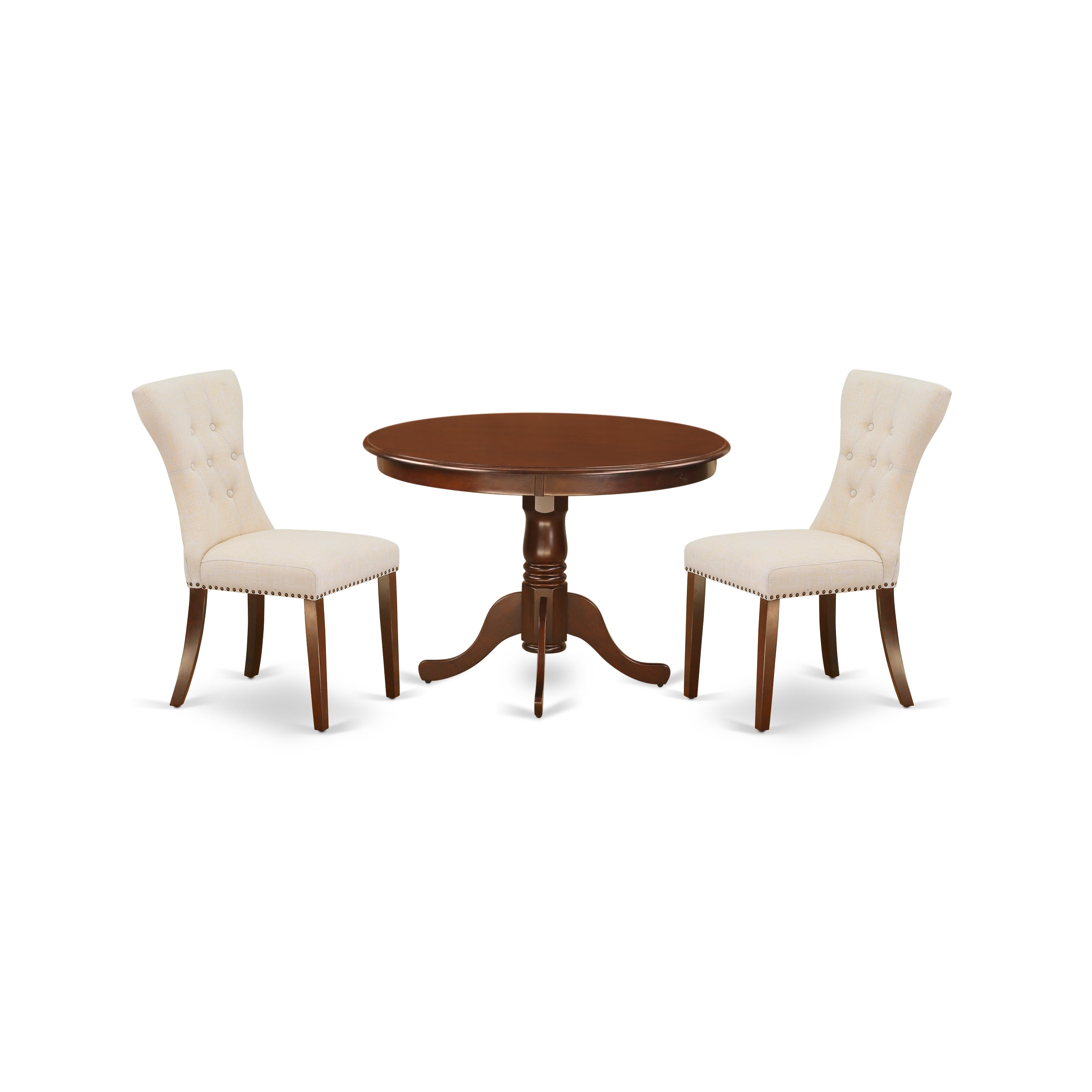 Juego de mesa de comedor de 3 piezas HLGA3-MAH-32 de East West Furniture. Incluye una mesa de comedor redonda con pedestal y dos sillas tapizadas en tela de lino beige claro.