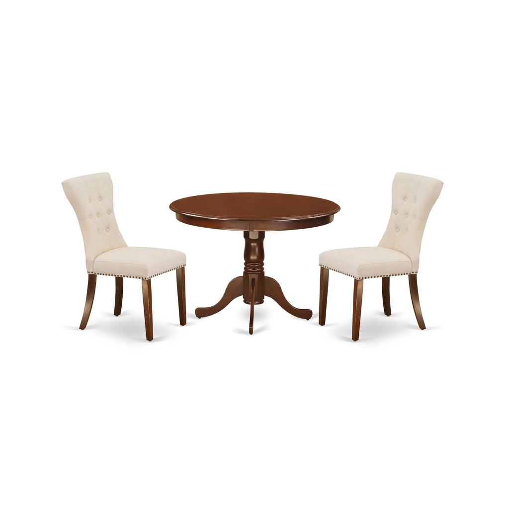 East West Furniture HLGA3-MAH-32 3 Piece Dining Room Table Set  Contains a Round Dining Table with Pedestal and 2 Light Beige Linen Fabric Upholstered Chairs
