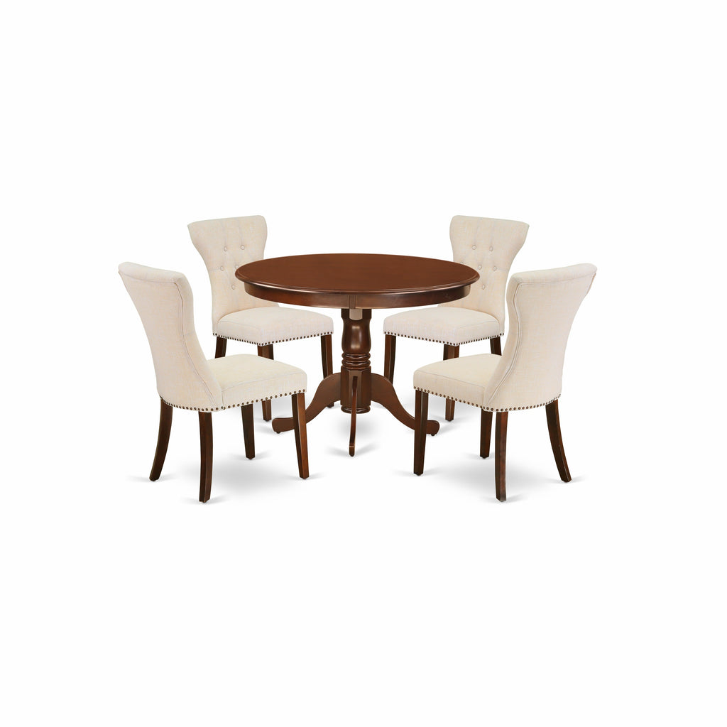 East West Furniture HLGA5-MAH-32 5 Piece Dining Room Furniture Set Includes a Round Dining Table with Pedestal and 4 Light Beige Linen Fabric Parsons Chairs, 42x42 Inch, Mahogany