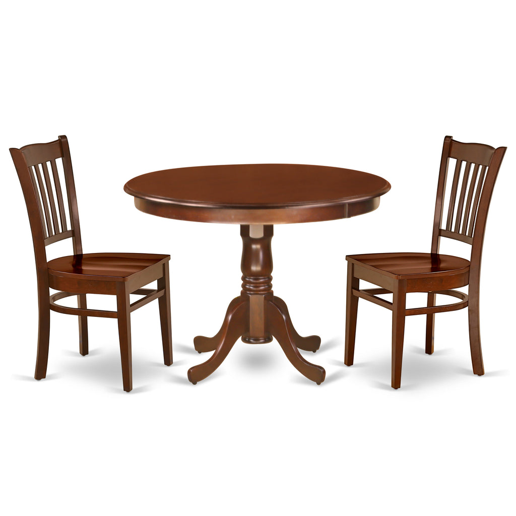 East West Furniture HLGR3-MAH-W 3 Piece Modern Dining Table Set Contains a Round Wooden Table with Pedestal and 2 Kitchen Dining Chairs