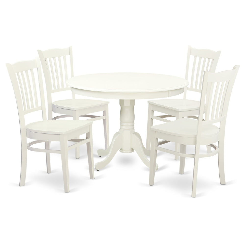East West Furniture HLGR5-LWH-W 5 Piece Dining Room Furniture Set Includes a Round Dining Table with Pedestal and 4 Wood Seat Chairs
