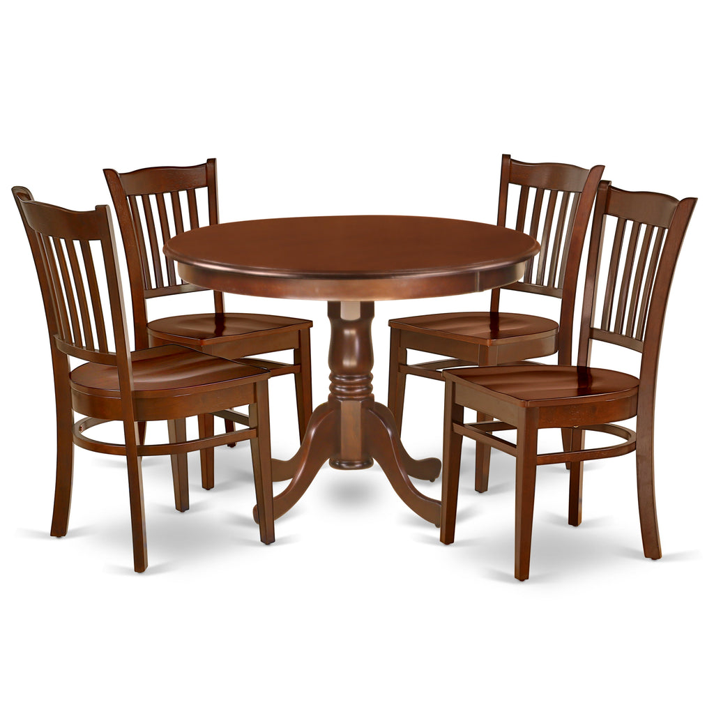 East West Furniture HLGR5-MAH-W 5 Piece Dining Room Furniture Set Includes a Round Dining Table with Pedestal and 4 Wood Seat Chairs, 42x42 Inch, Mahogany