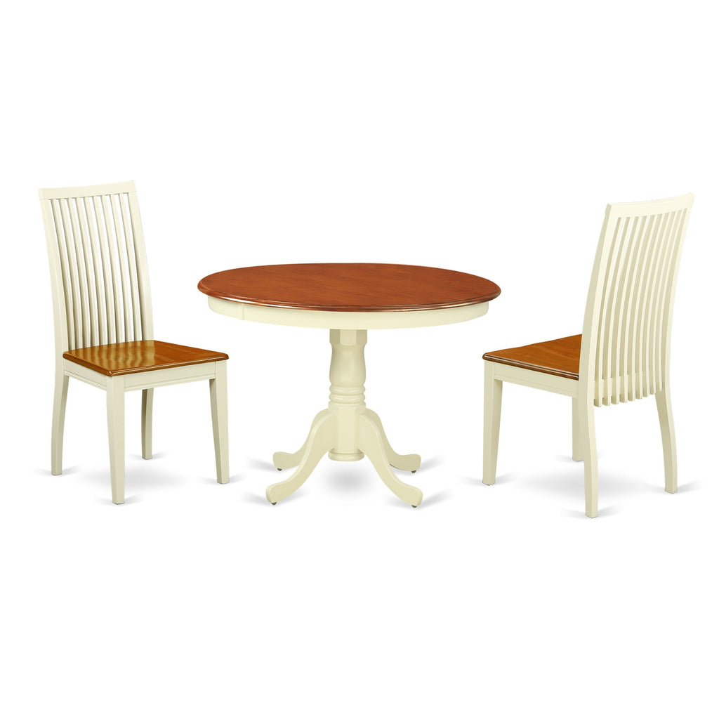 East West Furniture HLIP3-BMK-W 3 Piece Dining Set Contains a Round Dining Room Table with Pedestal and 2 Kitchen Chairs, 42x42 Inch, Buttermilk & Cherry