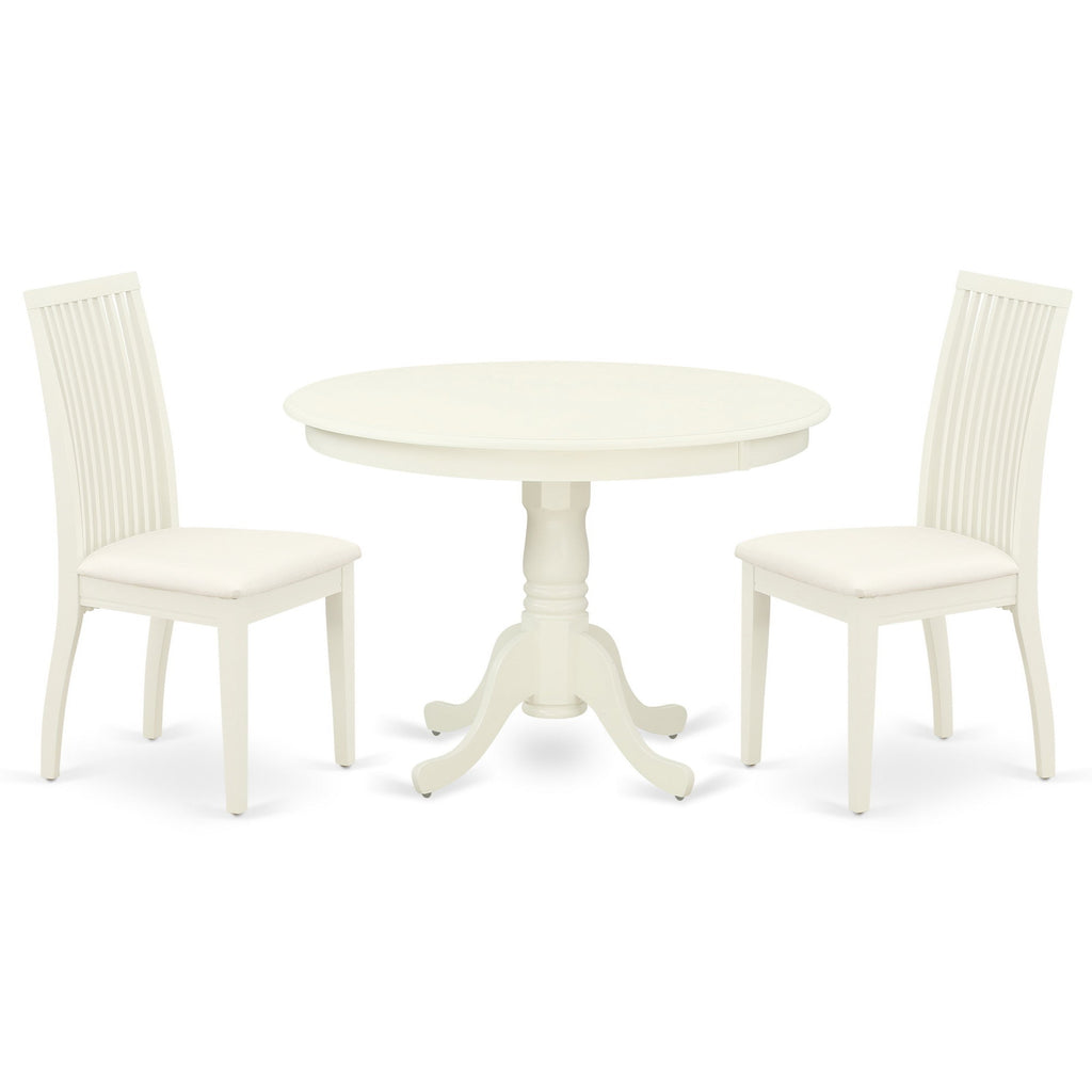 East West Furniture HLIP3-LWH-C 3 Piece Modern Dining Table Set Contains a Round Wooden Table with Pedestal and 2 Linen Fabric Upholstered Dining Chairs