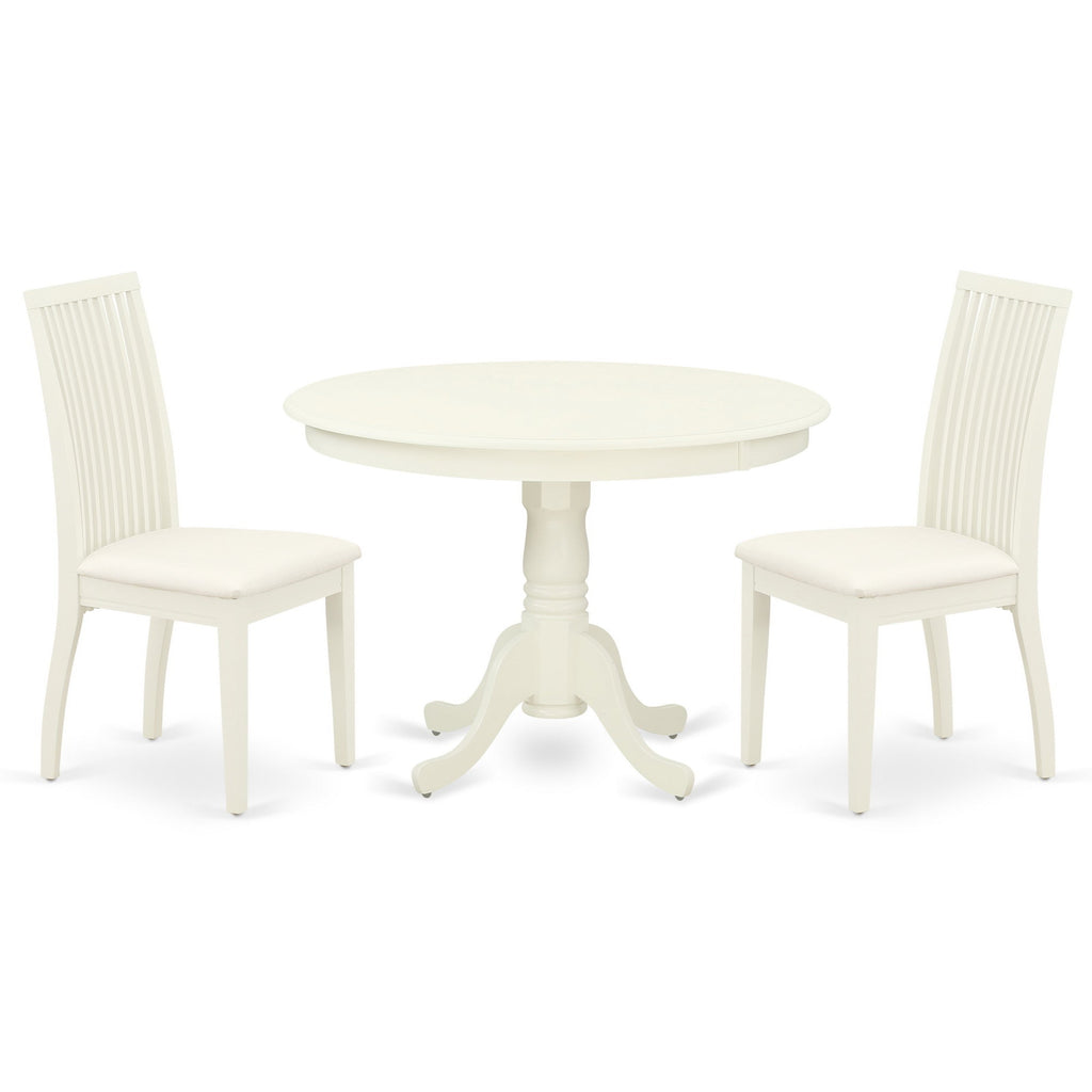 East West Furniture HLIP3-LWH-C 3 Piece Modern Dining Table Set Contains a Round Wooden Table with Pedestal and 2 Linen Fabric Upholstered Dining Chairs, 42x42 Inch, Linen White