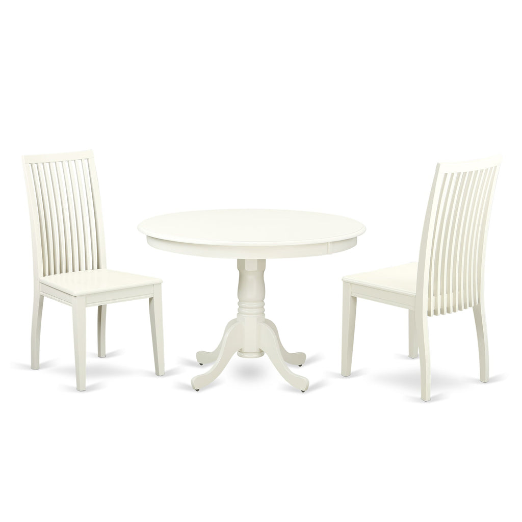 East West Furniture HLIP3-LWH-W 3 Piece Kitchen Table Set for Small Spaces Contains a Round Dining Room Table with Pedestal and 2 Solid Wood Seat Chairs