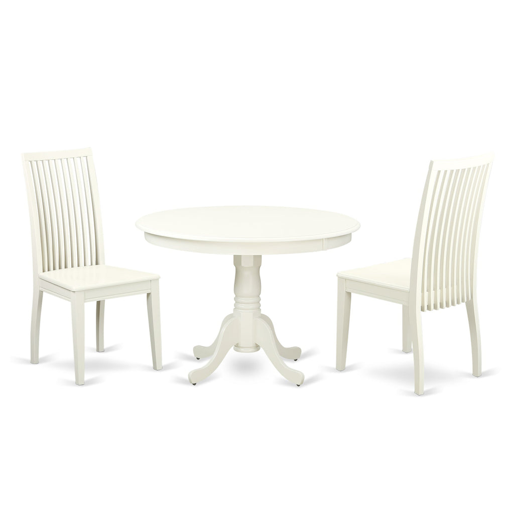 East West Furniture HLIP3-LWH-W 3 Piece Kitchen Table Set for Small Spaces Contains a Round Dining Room Table with Pedestal and 2 Solid Wood Seat Chairs, 42x42 Inch, Linen White