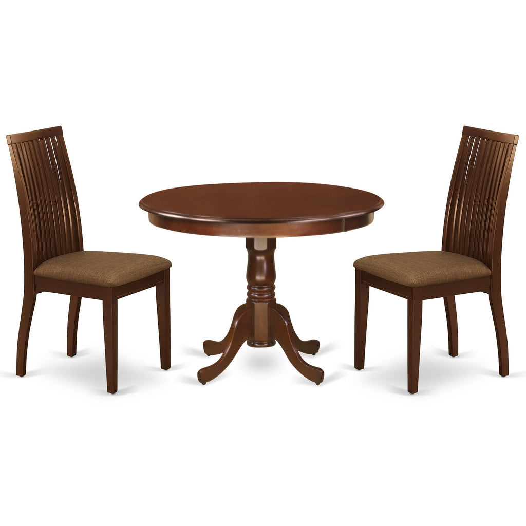 East West Furniture HLIP3-MAH-C 3 Piece Dining Room Furniture Set Contains a Round Dining Table with Pedestal and 2 Linen Fabric Upholstered Chairs