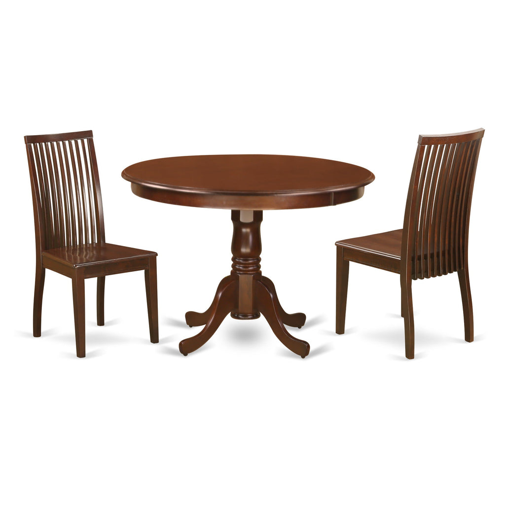 East West Furniture HLIP3-MAH-W 3 Piece Modern Dining Table Set Contains a Round Wooden Table with Pedestal and 2 Dining Chairs