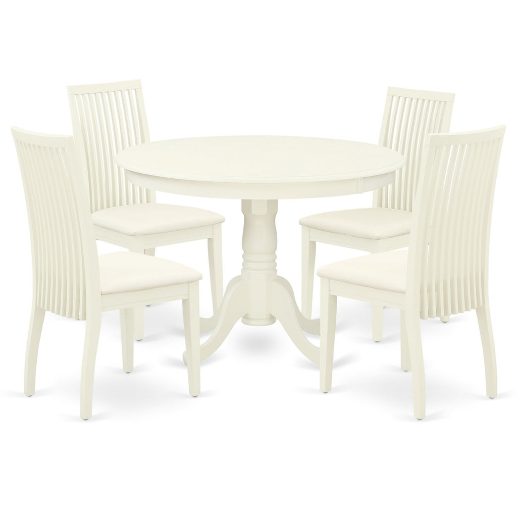 Juego de comedor de 5 piezas East West Furniture HLIP5-LWH-C. Incluye una mesa de comedor redonda con pedestal y 4 sillas tapizadas en tela de lino.