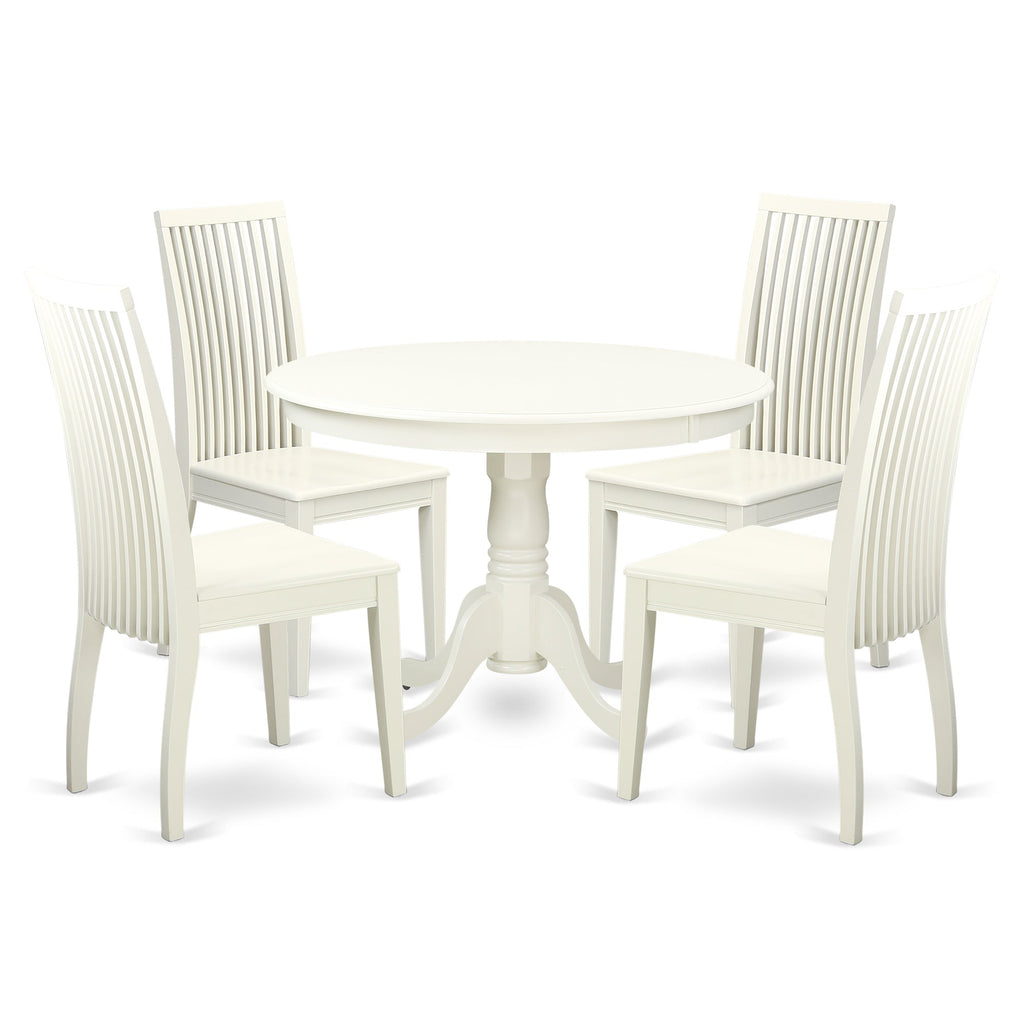 East West Furniture HLIP5-LWH-W 5 Piece Kitchen Table Set for 4 Includes a Round Dining Table with Pedestal and 4 Dining Room Chairs, 42x42 Inch, Linen White