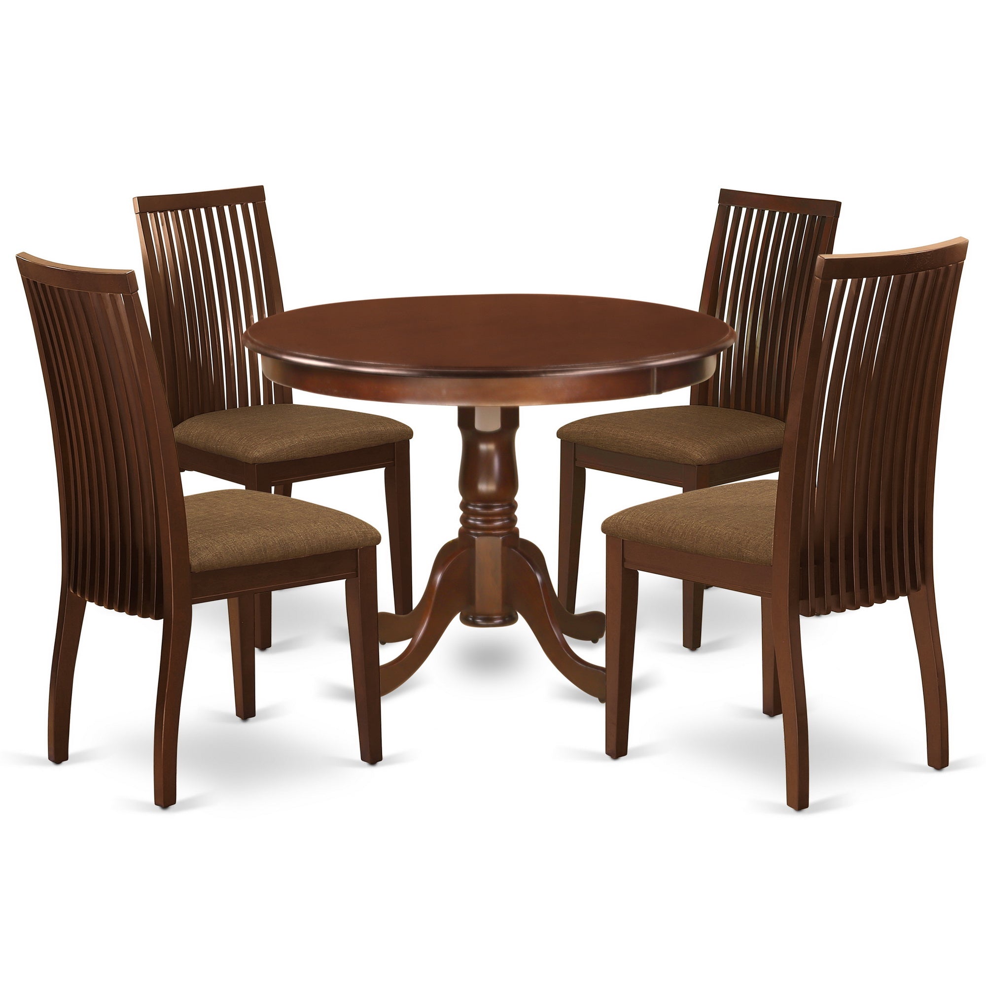 HLIP5-MAH-C 5Pc Dining Set Includes a Round Dinette Table and Four Linen Seat Dining Chairs, Mahogany Finish
