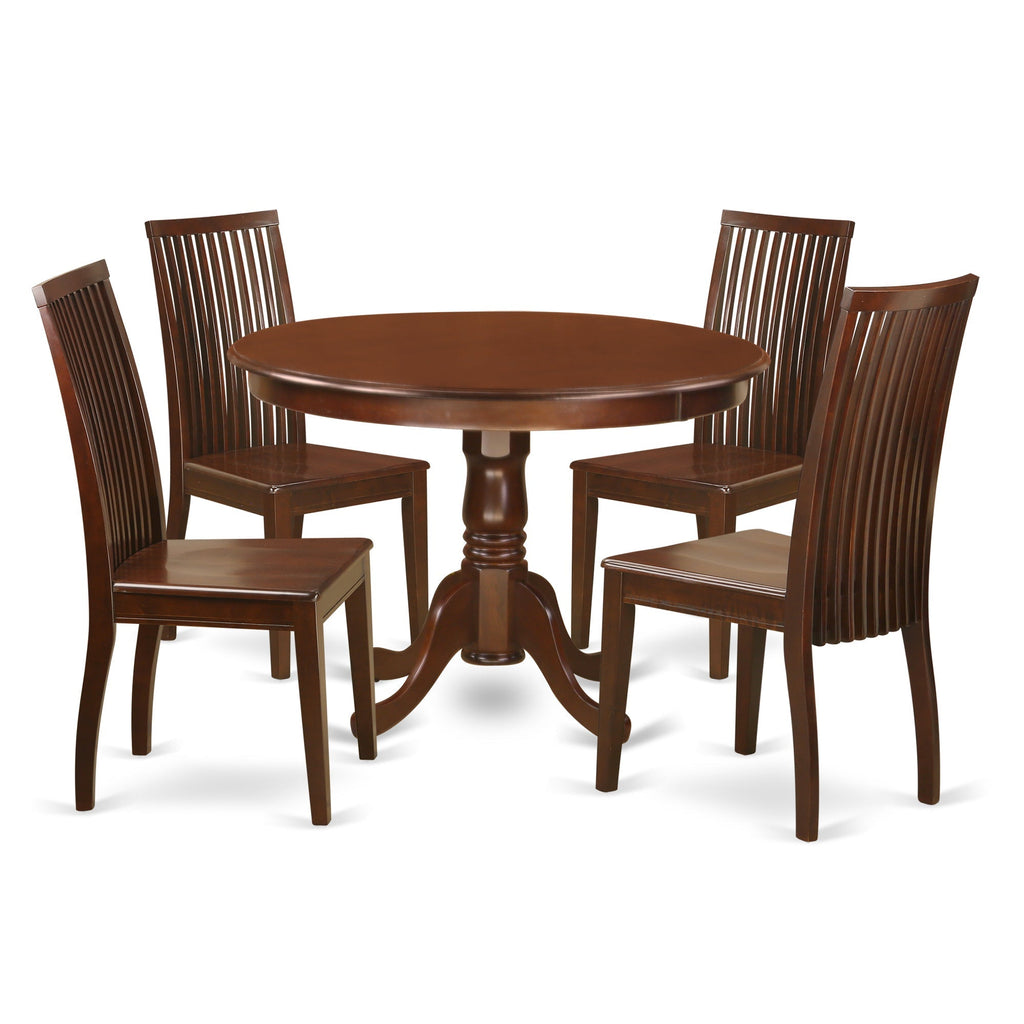 Juego de mesa de comedor de 5 piezas East West Furniture HLIP5-MAH-W. Incluye una mesa de comedor redonda con pedestal y 4 sillas con asiento de madera.