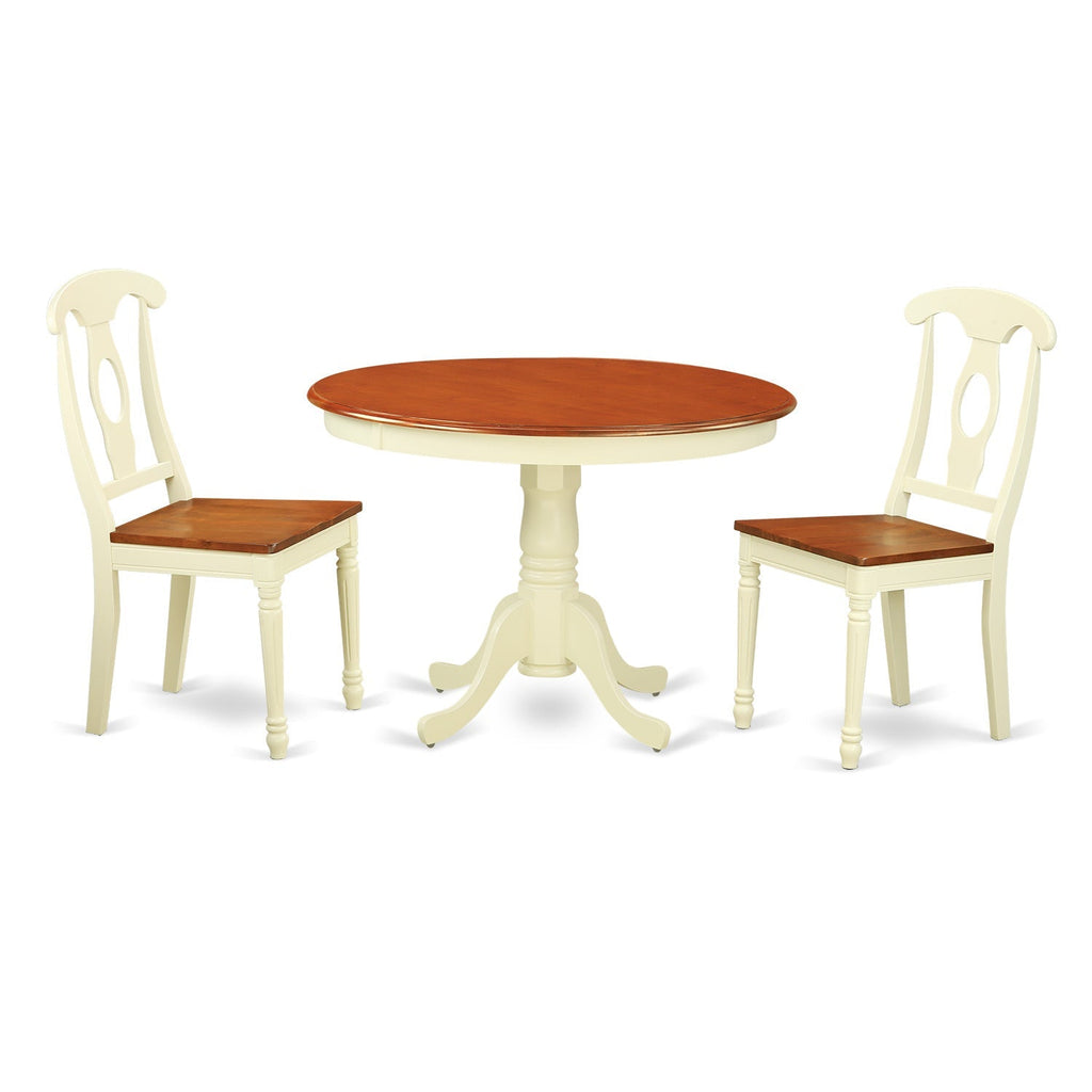 Juego de mesa de cocina de 3 piezas East West Furniture HLKE3-BMK-W para espacios pequeños. Contiene una mesa de comedor redonda con pedestal y 2 sillas con asiento de madera maciza.