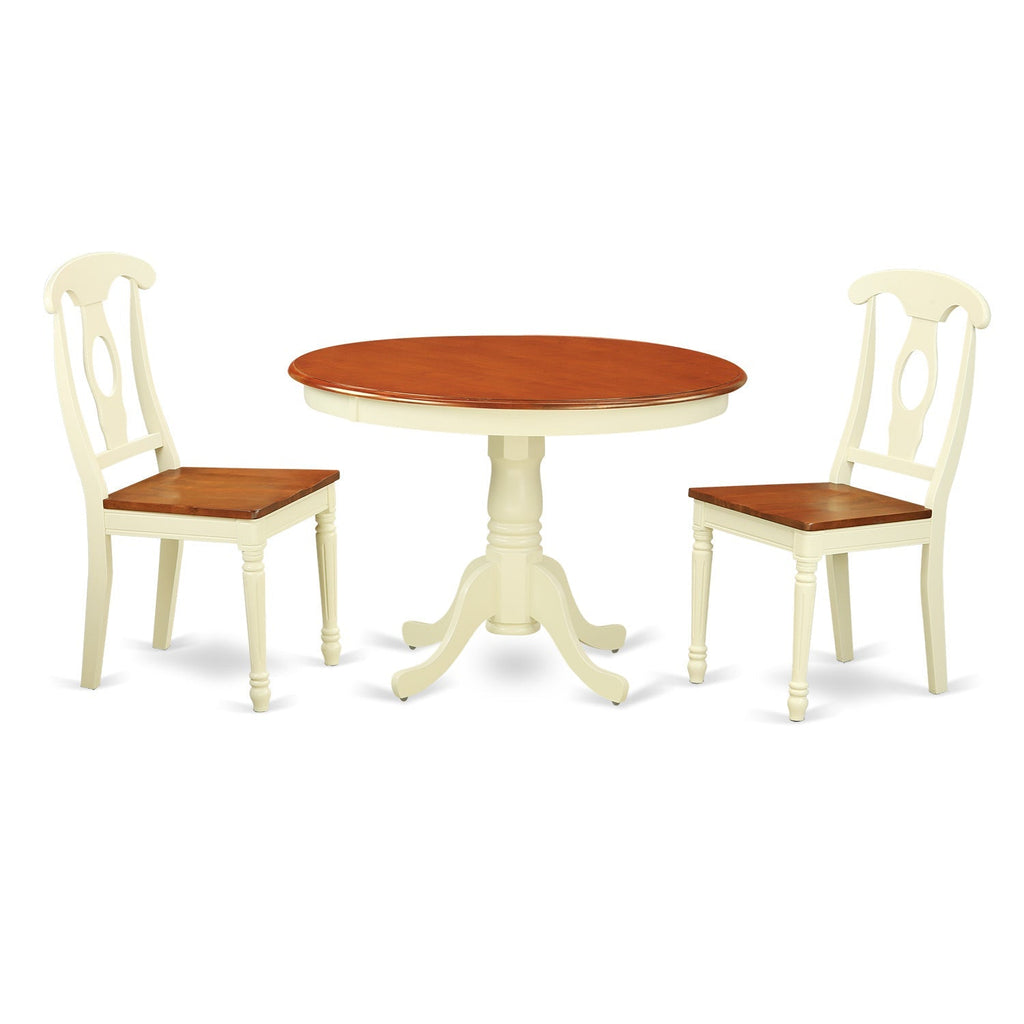 East West Furniture HLKE3-BMK-W 3 Piece Kitchen Table Set for Small Spaces Contains a Round Dining Room Table with Pedestal and 2 Solid Wood Seat Chairs, 42x42 Inch, Buttermilk & Cherry