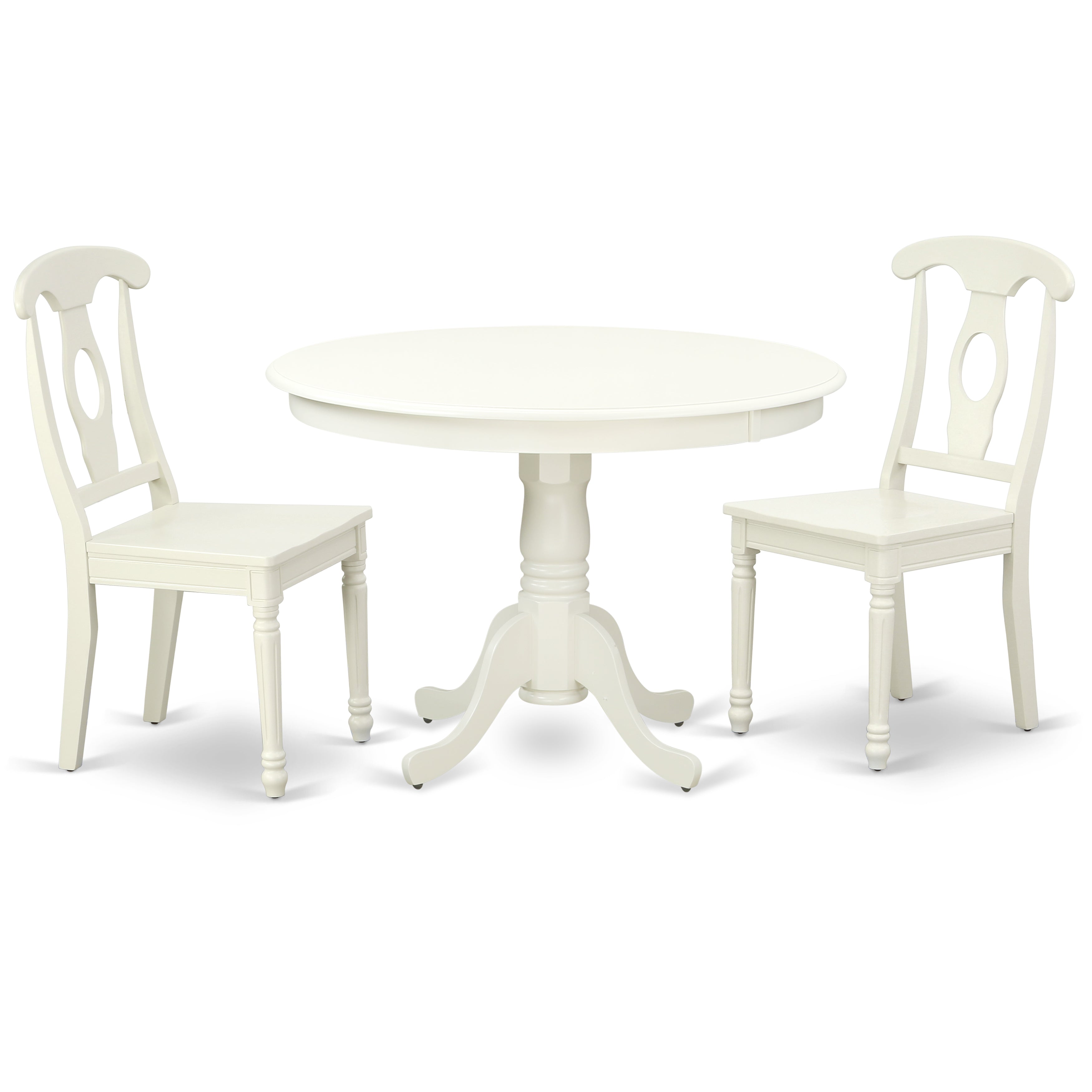 Juego de mesa y sillas de cocina de 3 piezas HLKE3-LWH-W de East West Furniture. Incluye una mesa de comedor redonda con pedestal y 2 sillas de comedor.