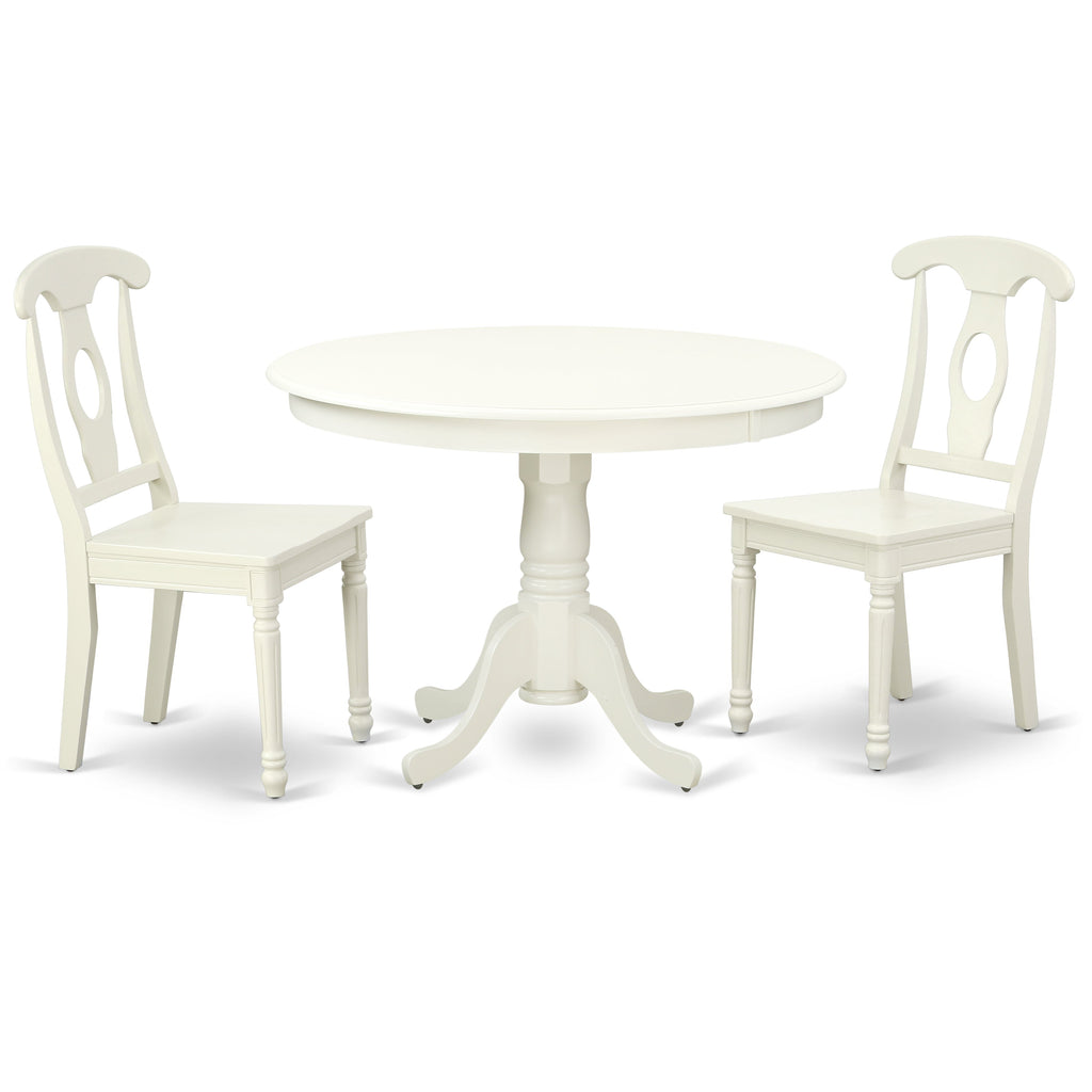 Juego de mesa y sillas de cocina de 3 piezas HLKE3-LWH-W de East West Furniture. Incluye una mesa de comedor redonda con pedestal y 2 sillas de comedor.