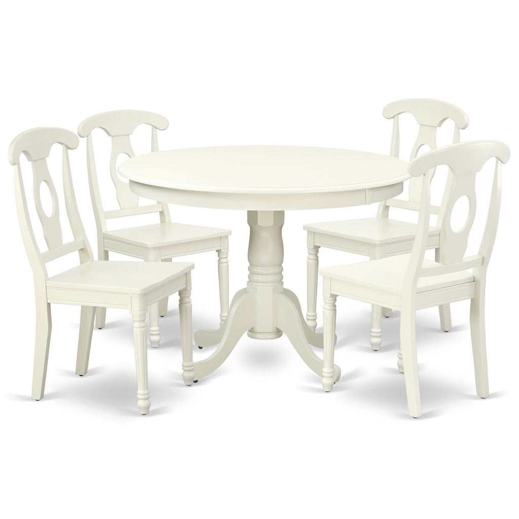 East West Furniture HLKE5-LWH-W 5 Piece Dining Room Table Set Includes a Round Kitchen Table with Pedestal and 4 Dining Chairs, 42x42 Inch, Linen White