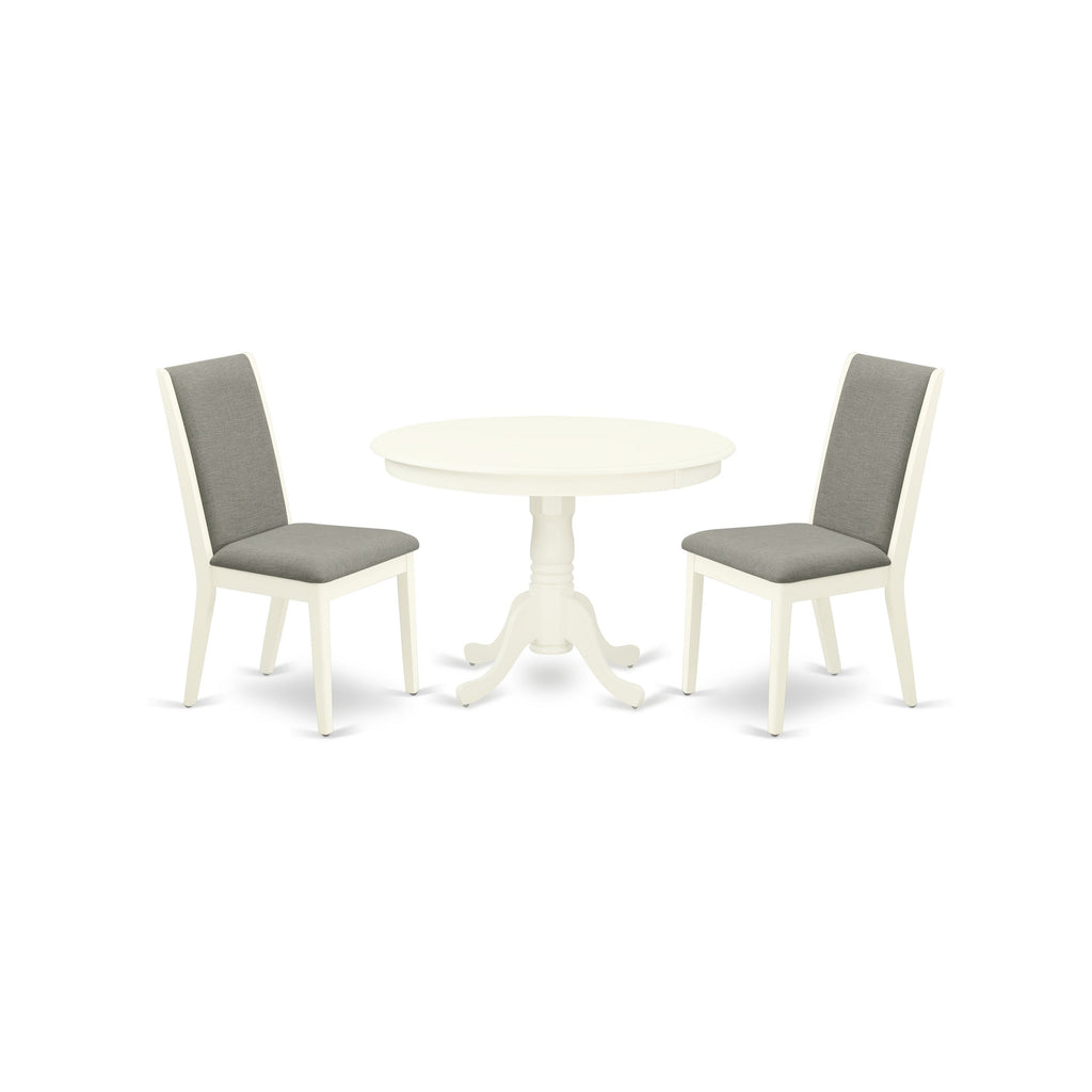 East West Furniture HLLA3-LWH-06 3 Piece Dinette Set for Small Spaces Contains a Round Dining Table with Pedestal and 2 Shitake Linen Fabric Parson Dining Chairs, 42x42 Inch, Linen White