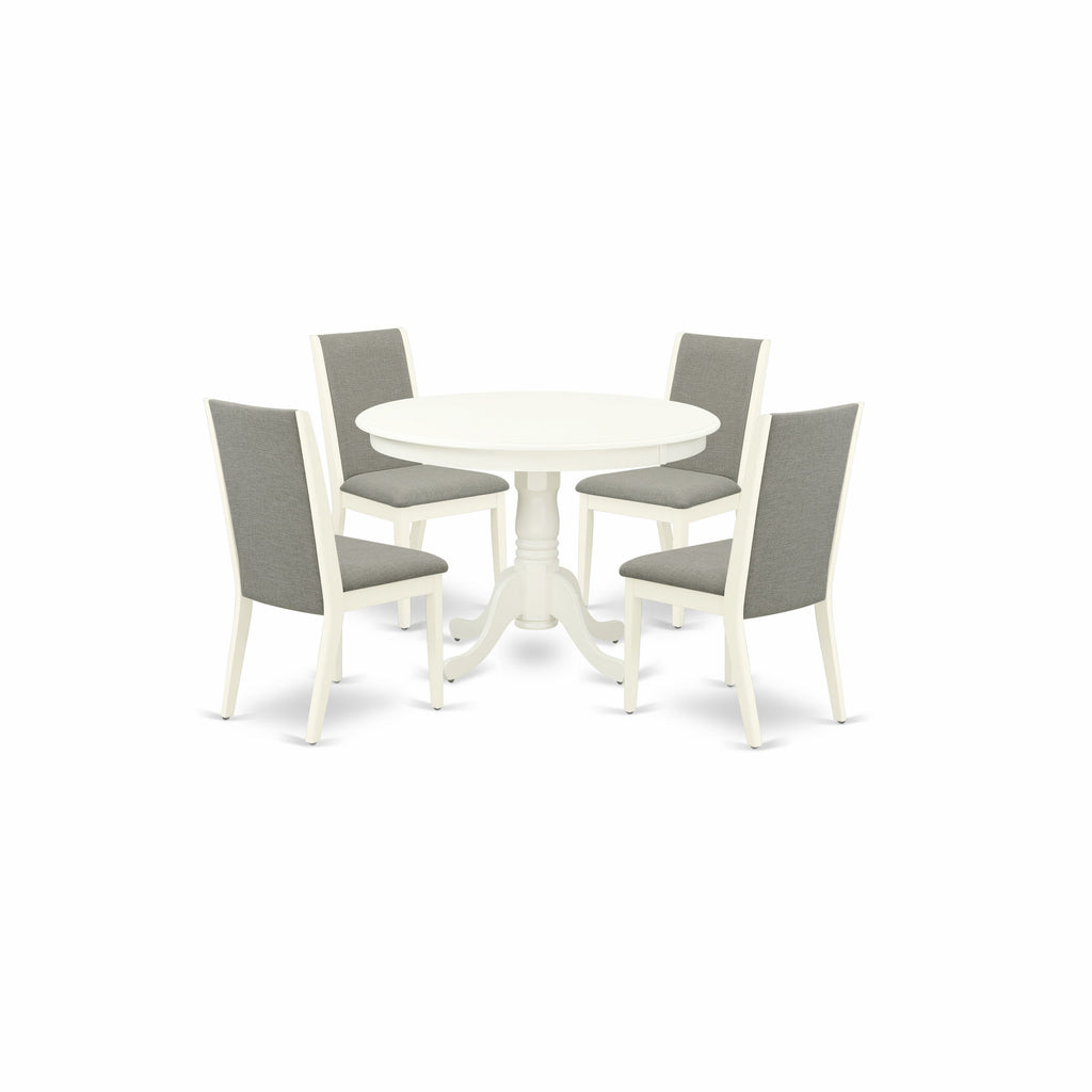 El juego de comedor de 5 piezas East West Furniture HLLA5-LWH-06 incluye una mesa de comedor redonda con pedestal y 4 sillas Parson tapizadas en tela de lino Shitake.
