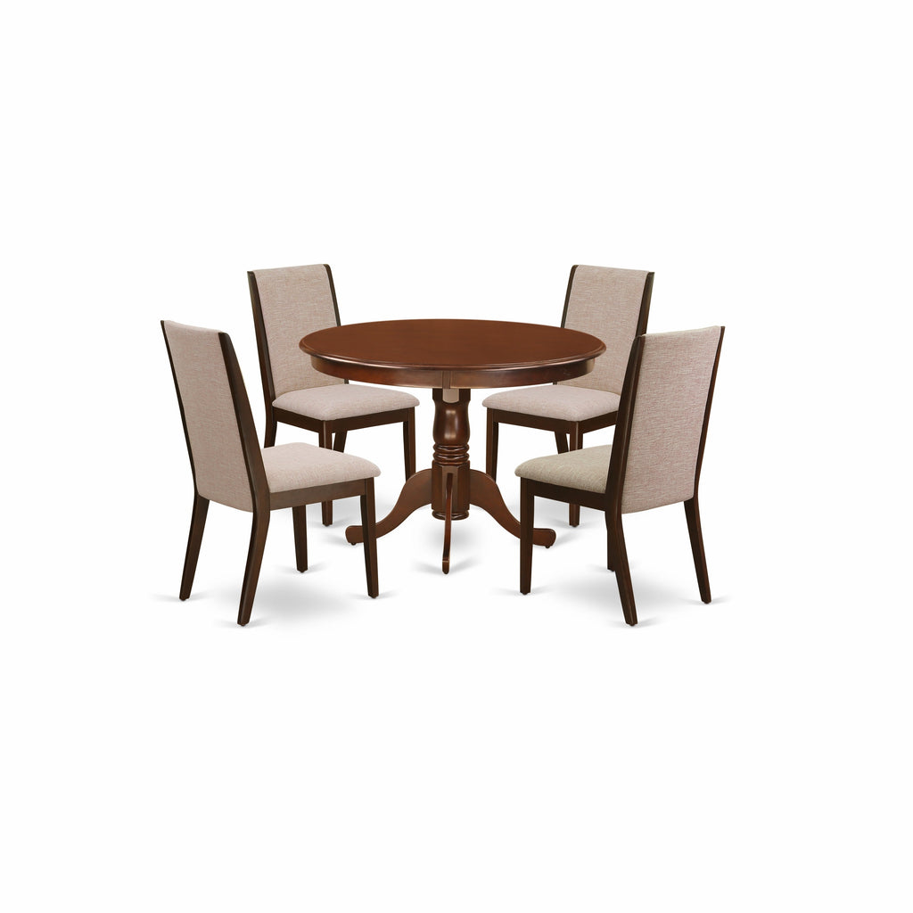 East West Furniture HLLA5-MAH-04 5 Piece Dining Set Includes a Round Dining Room Table with Pedestal and 4 Light Tan Linen Fabric Upholstered Parson Chairs, 42x42 Inch, Mahogany