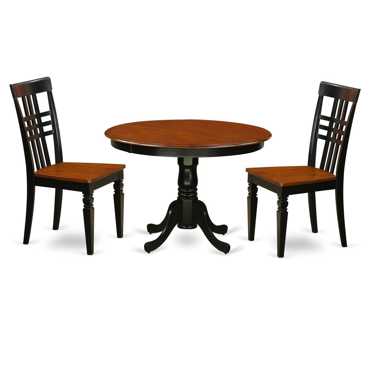 Juego de mesa y sillas de cocina de 3 piezas East West Furniture HLLG3-BCH-W. Incluye una mesa de comedor redonda con pedestal y 2 sillas con asiento de madera maciza.