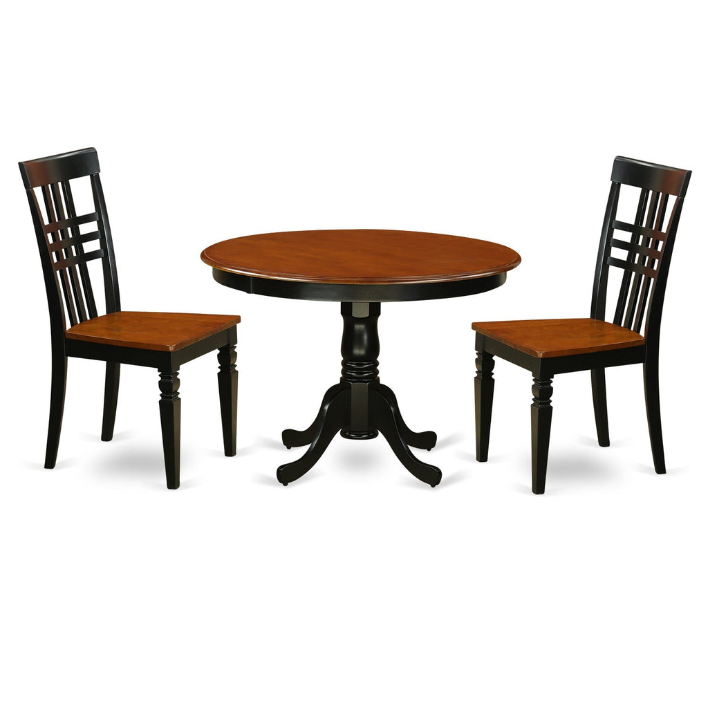 East West Furniture HLLG3-BCH-W 3 Piece Kitchen Table & Chairs Set Contains a Round Dining Room Table with Pedestal and 2 Solid Wood Seat Chairs