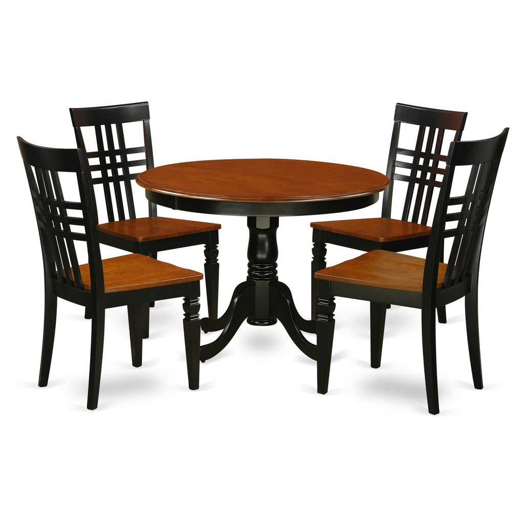 East West Furniture HLLG5-BCH-W 5 Piece Modern Dining Table Set Includes a Round Wooden Table with Pedestal and 4 Dining Room Chairs