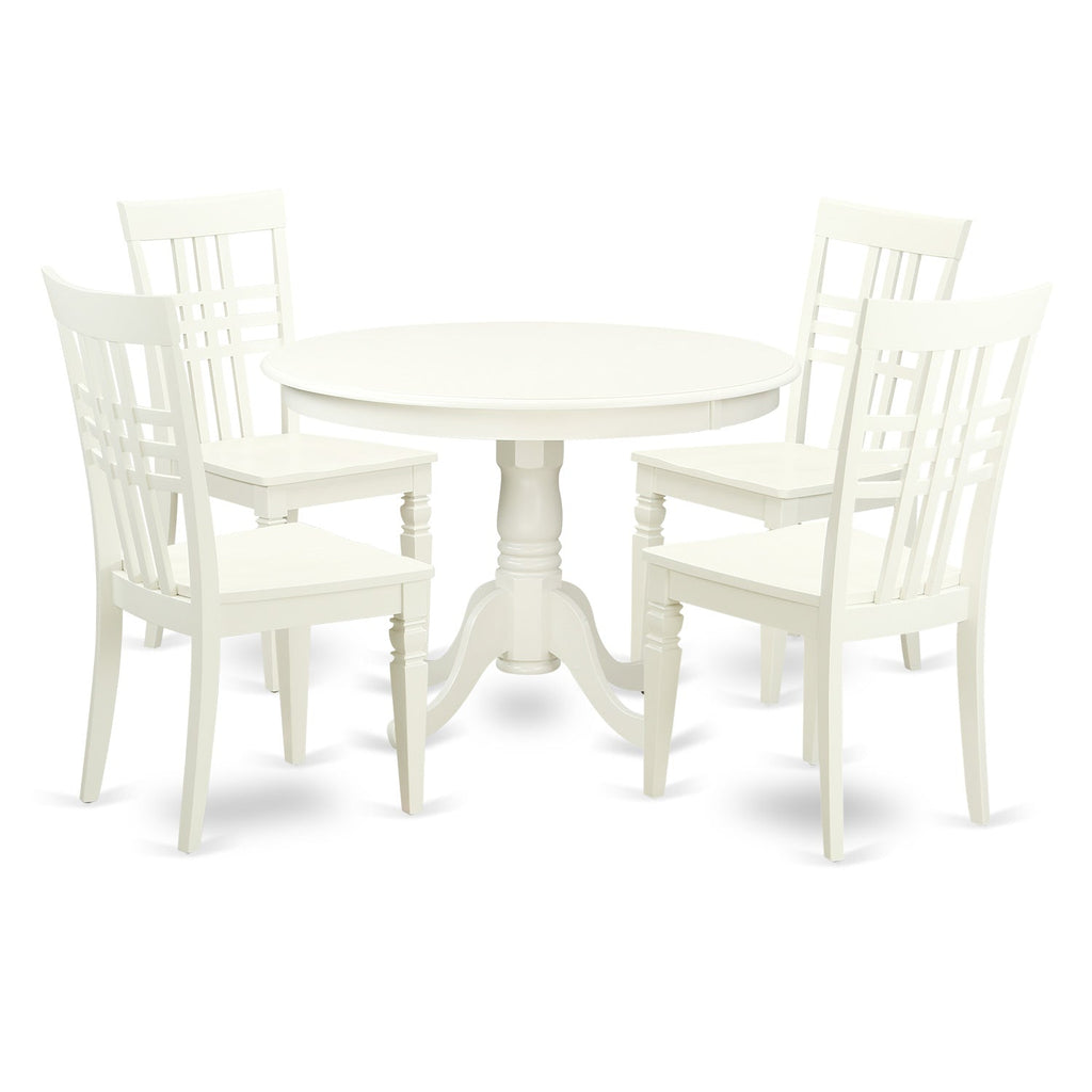 Juego de comedor de 5 piezas East West Furniture HLLG5-LWH-W para 4 personas. Incluye una mesa de comedor redonda con pedestal y 4 sillas de comedor.