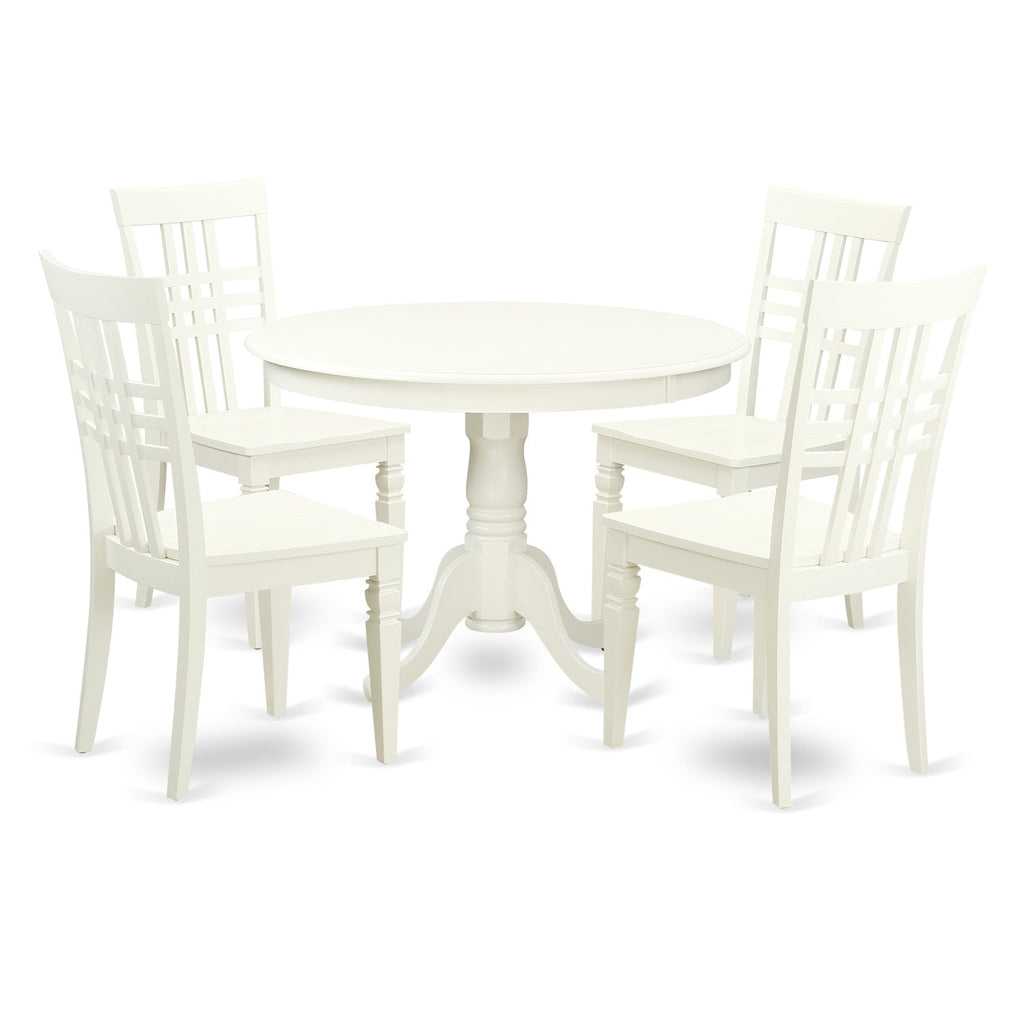 East West Furniture HLLG5-LWH-W 5 Piece Dinette Set for 4 Includes a Round Dining Room Table with Pedestal and 4 Dining Chairs, 42x42 Inch, Linen White