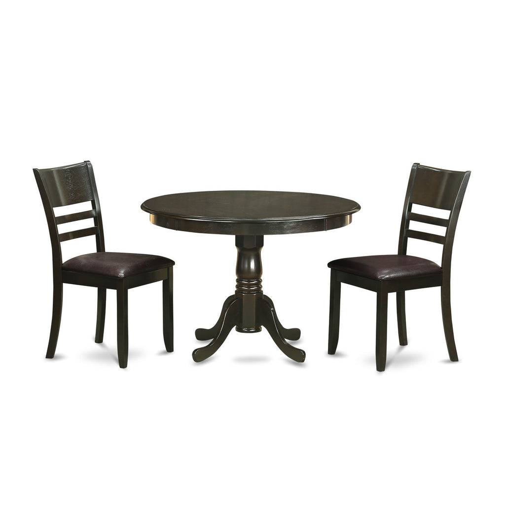 East West Furniture HLLY3-CAP-LC 3 Piece Modern Dining Table Set Contains a Round Wooden Table with Pedestal and 2 Faux Leather Dining Room Chairs, 42x42 Inch, Cappuccino