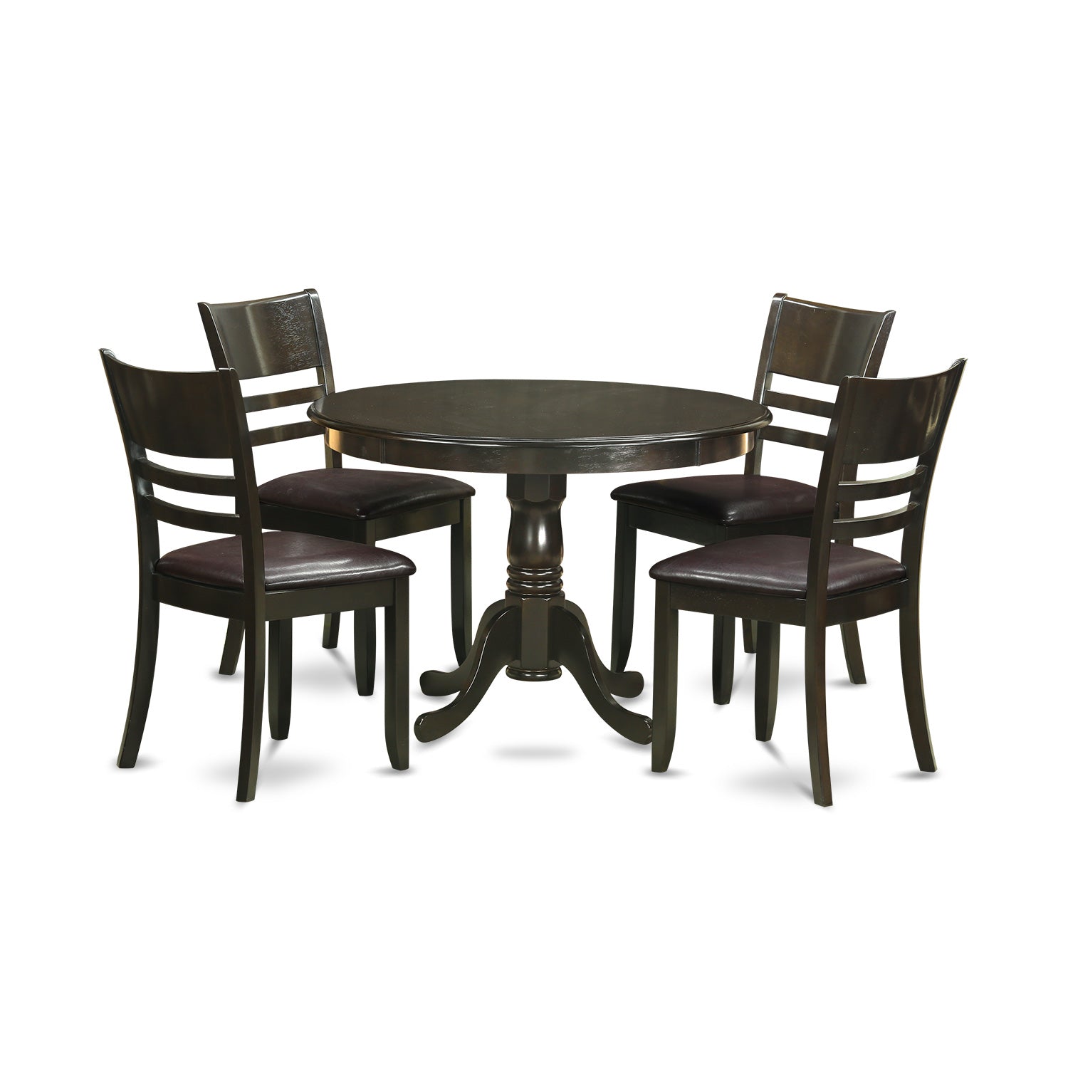Juego de mesa de cocina de 5 piezas para 4 personas de East West Furniture HLLY5-CAP-LC. Incluye una mesa de comedor redonda con pedestal y 4 sillas de comedor tapizadas en piel sintética.
