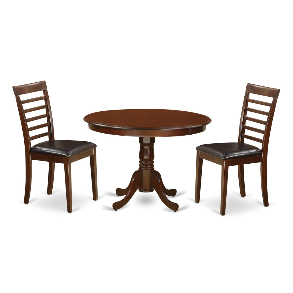 East West Furniture HLML3-MAH-LC 3 Piece Dining Table Set for Small Spaces Contains a Round Dining Room Table with Pedestal and 2 Faux Leather Upholstered Chairs, 42x42 Inch, Mahogany