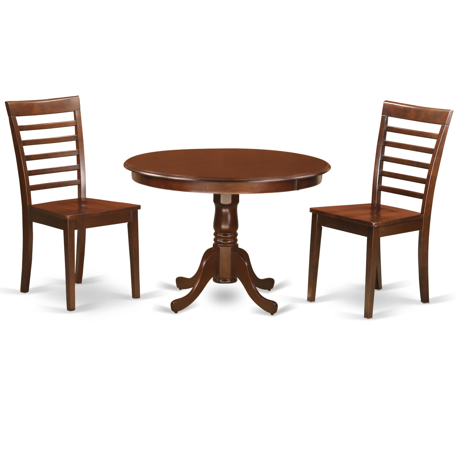 Juego de comedor de 3 piezas East West Furniture HLML3-MAH-W para espacios pequeños. Contiene una mesa de comedor redonda con pedestal y 2 sillas de comedor.