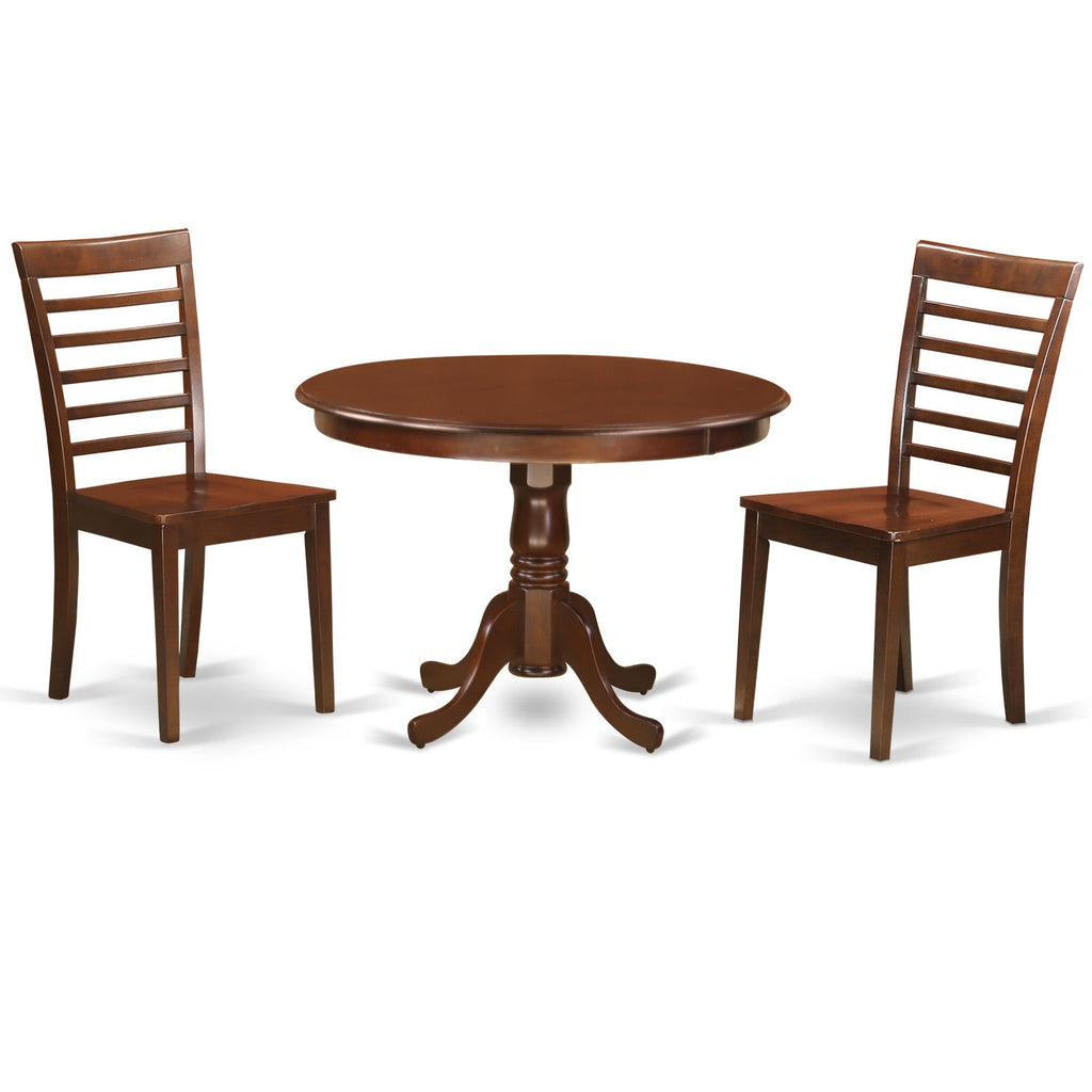 East West Furniture HLML3-MAH-W 3 Piece Dinette Set for Small Spaces Contains a Round Dining Table with Pedestal and 2 Dining Chairs