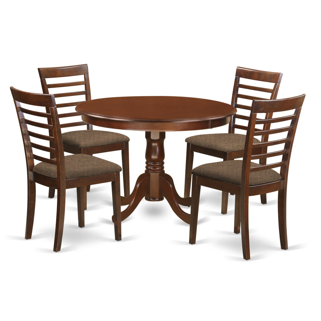 East West Furniture HLML5-MAH-C 5 Piece Dining Table Set for 4 Includes a Round Kitchen Table with Pedestal and 4 Linen Fabric Dining Room Chairs, 42x42 Inch, Mahogany