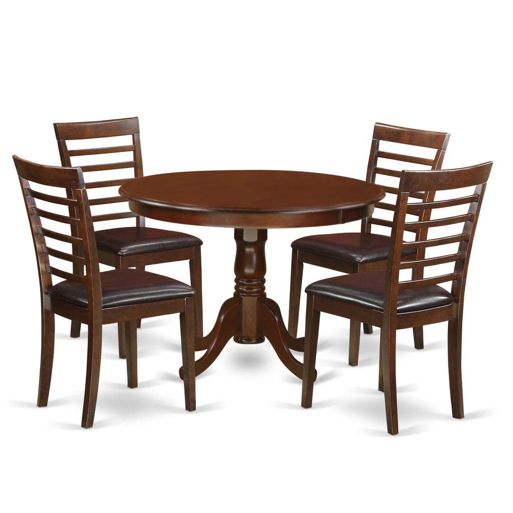 Juego de mesa de comedor de 5 piezas East West Furniture HLML5-MAH-LC para 4 personas. Incluye una mesa de cocina redonda con pedestal y 4 sillas de comedor de piel sintética.
