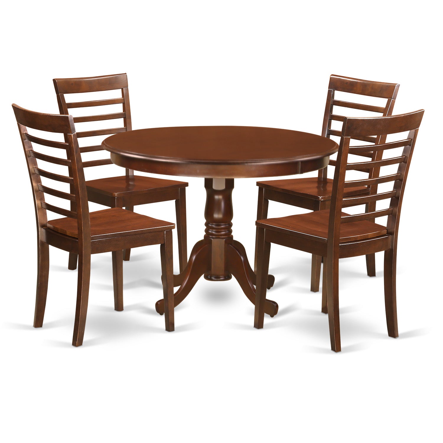 Juego de muebles de comedor de 5 piezas East West Furniture HLML5-MAH-W. Incluye una mesa de cocina redonda con pedestal y 4 sillas de comedor.