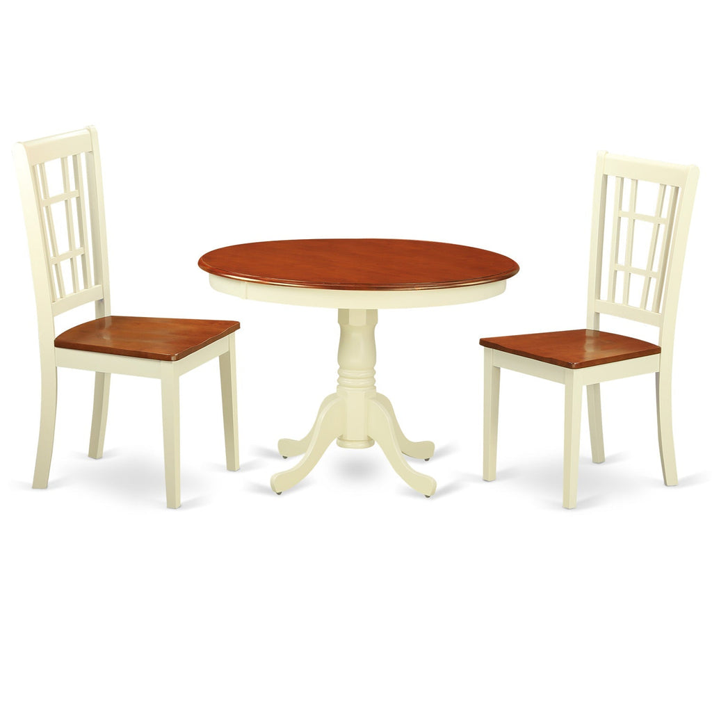 East West Furniture HLNI3-BMK-W 3 Piece Dinette Set for Small Spaces Contains a Round Dining Table with Pedestal and 2 Kitchen Dining Chairs