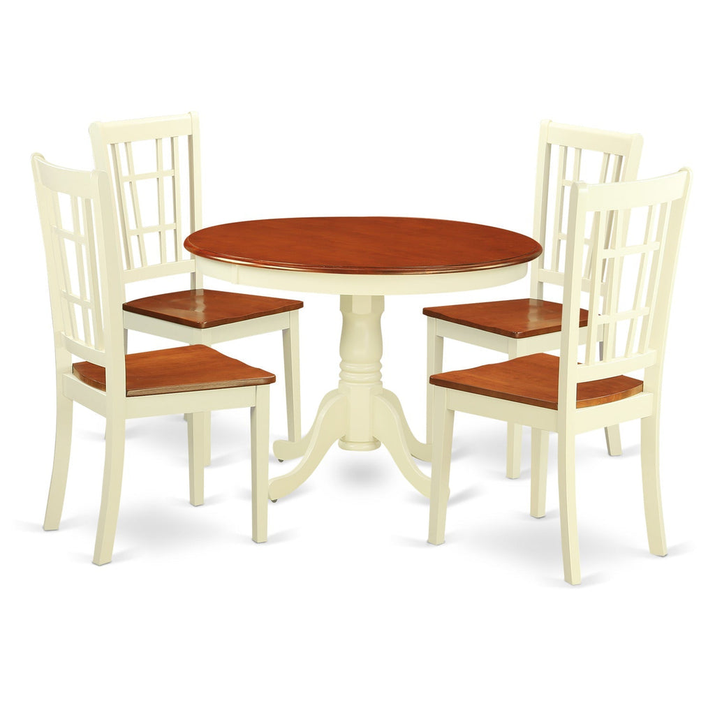 East West Furniture HLNI5-BMK-W 5 Piece Dining Room Furniture Set Includes a Round Dining Table with Pedestal and 4 Wood Seat Chairs