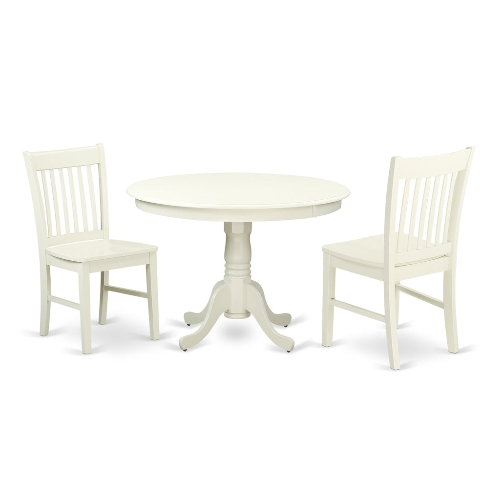 Juego de comedor de 3 piezas East West Furniture HLNO3-LWH-W para espacios pequeños. Contiene una mesa de comedor redonda con pedestal y 2 sillas de comedor.