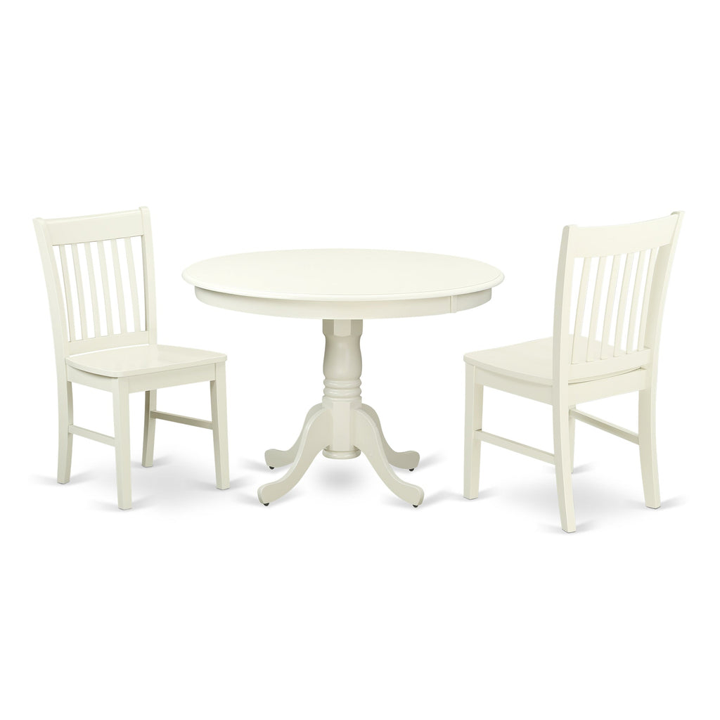 East West Furniture HLNO3-LWH-W 3 Piece Dinette Set for Small Spaces Contains a Round Dining Table with Pedestal and 2 Dining Chairs, 42x42 Inch, Linen White