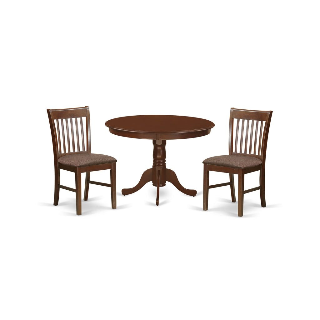 East West Furniture HLNO3-MAH-C 3 Piece Modern Dining Table Set Contains a Round Wooden Table with Pedestal and 2 Linen Fabric Upholstered Dining Chairs, 42x42 Inch, Mahogany