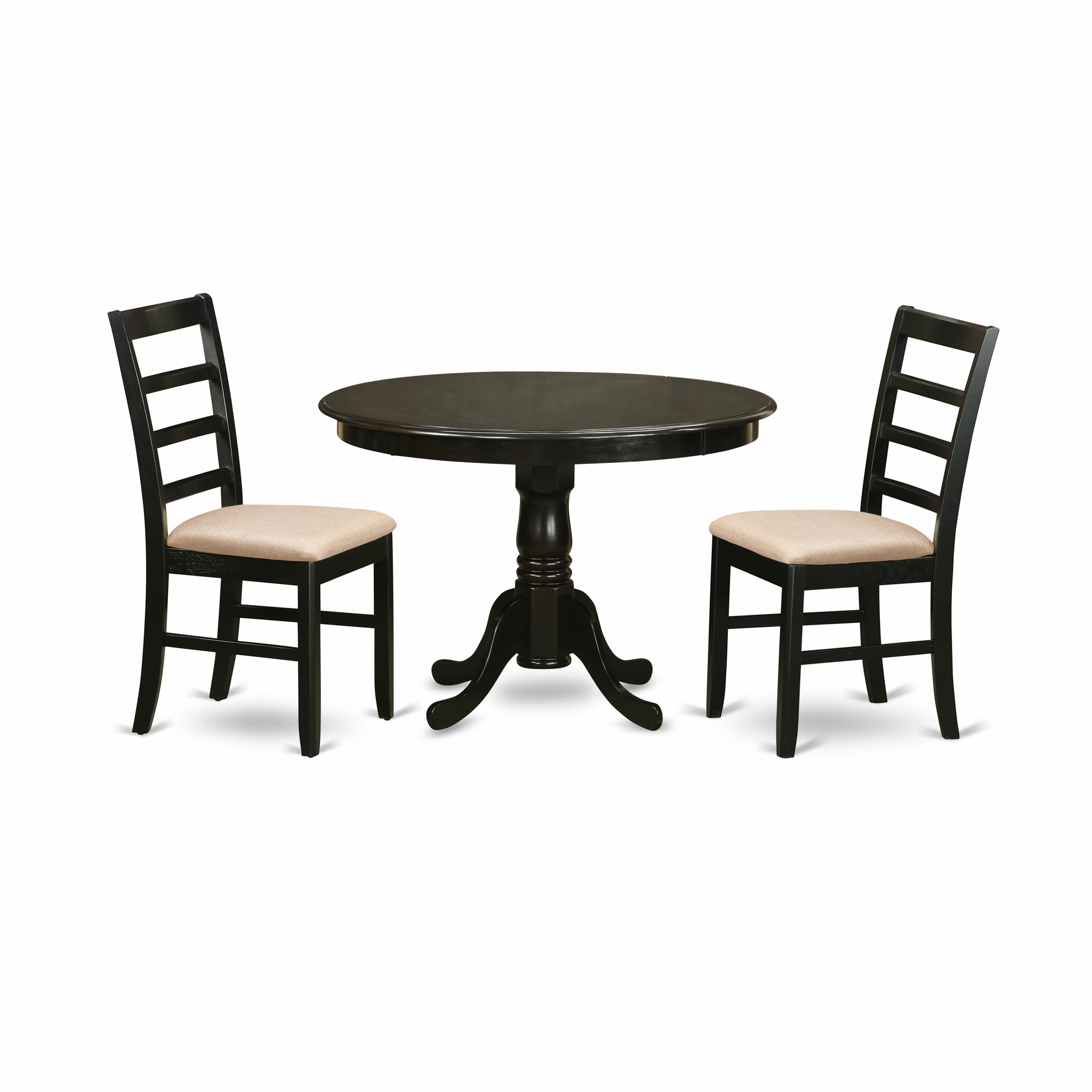 Juego de comedor de 3 piezas East West Furniture HLPF3-CAP-C. Incluye una mesa de cocina redonda con pedestal y dos sillas de comedor tapizadas en tela de lino.