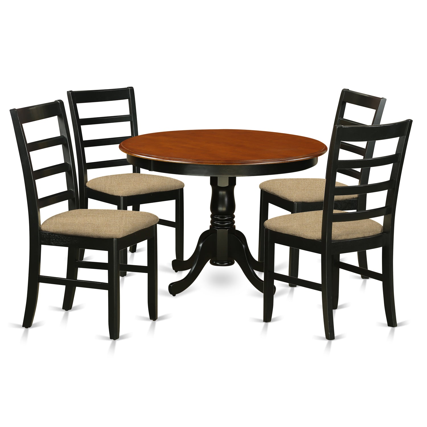 Juego de comedor de 5 piezas East West Furniture HLPF5-BCH-C. Incluye una mesa de comedor redonda con pedestal y 4 sillas de cocina de tela de lino.