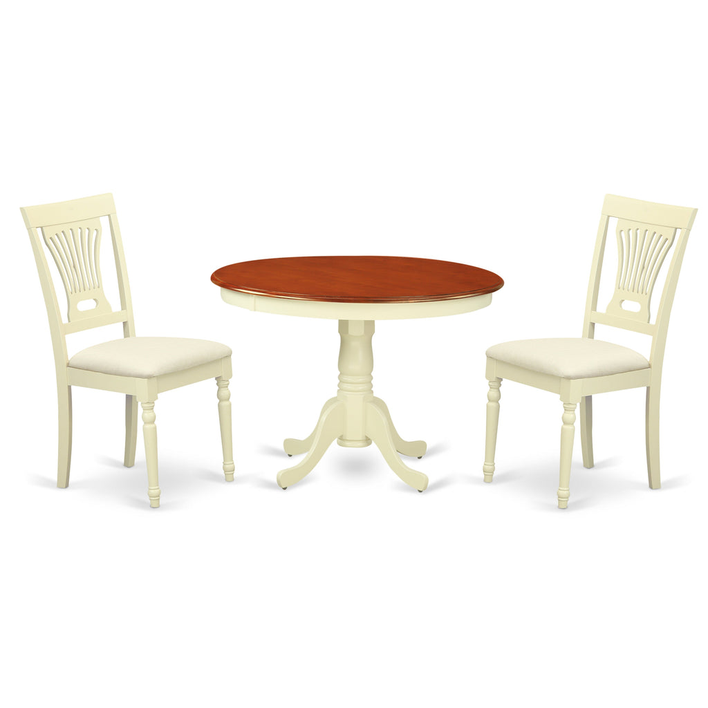 East West Furniture HLPL3-BMK-C 3 Piece Dining Room Furniture Set Contains a Round Kitchen Table with Pedestal and 2 Linen Fabric Upholstered Dining Chairs