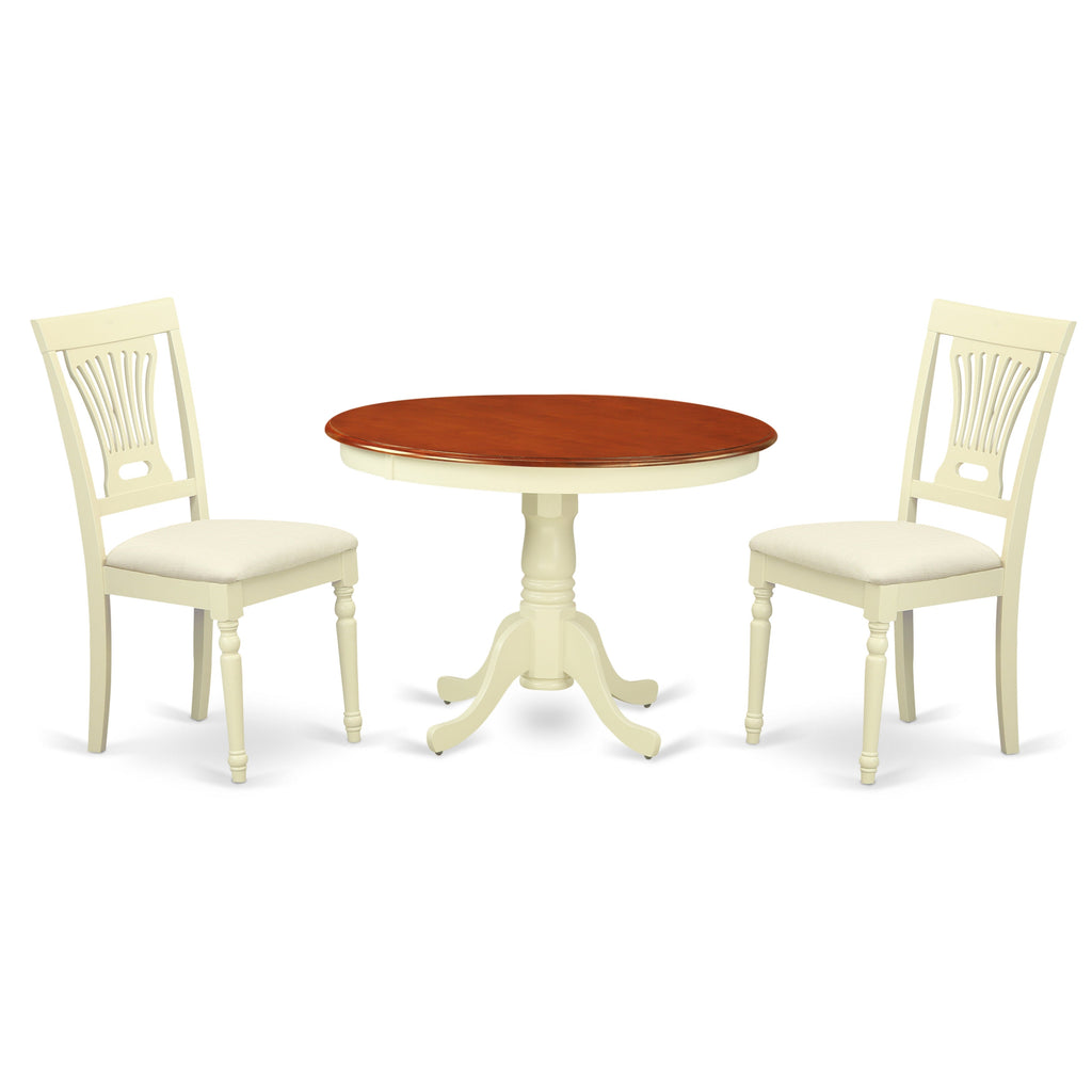 East West Furniture HLPL3-BMK-C 3 Piece Dining Room Furniture Set Contains a Round Kitchen Table with Pedestal and 2 Linen Fabric Upholstered Dining Chairs, 42x42 Inch, Buttermilk & Cherry