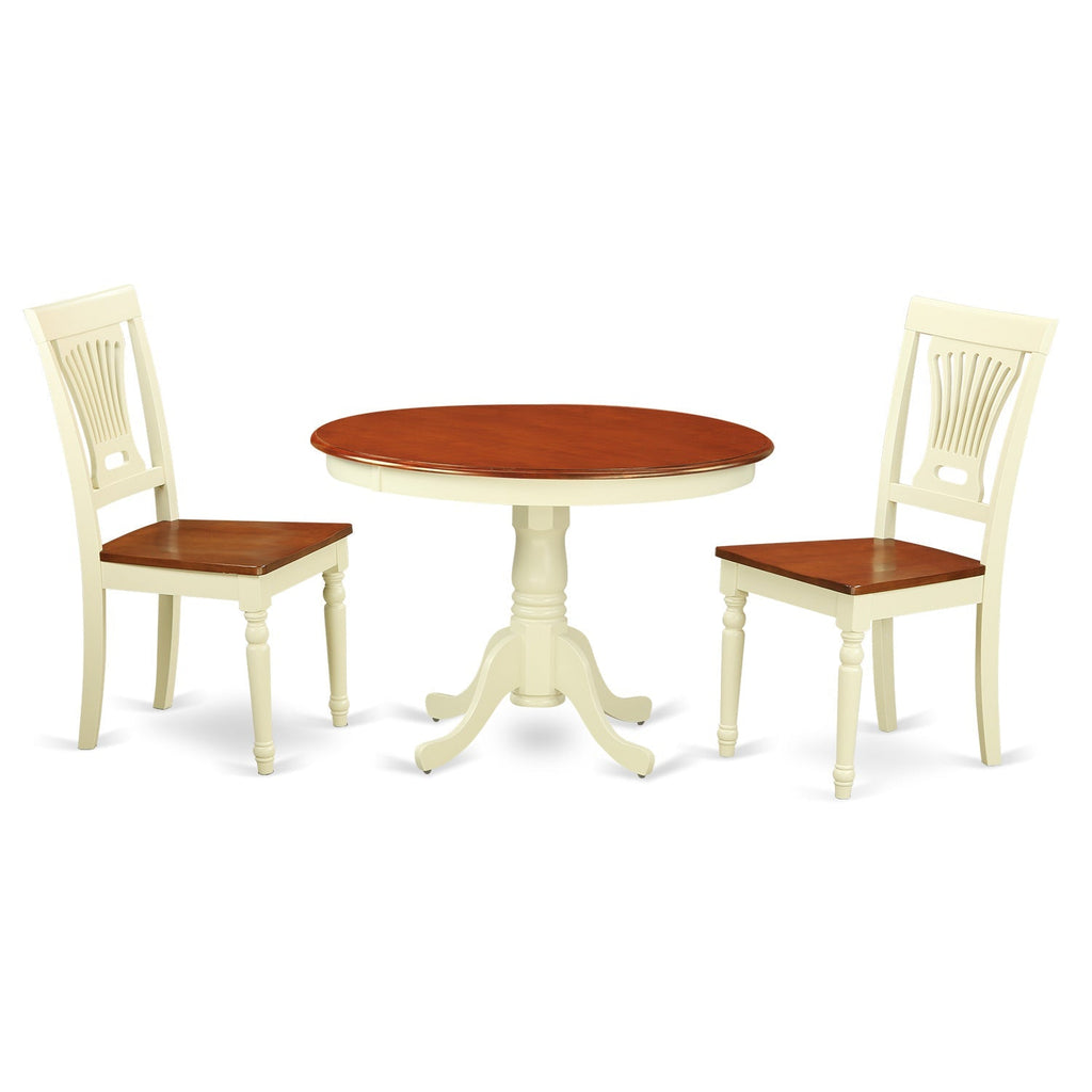 East West Furniture HLPL3-BMK-W 3 Piece Dining Room Table Set  Contains a Round Kitchen Table with Pedestal and 2 Dining Chairs, 42x42 Inch, Buttermilk & Cherry