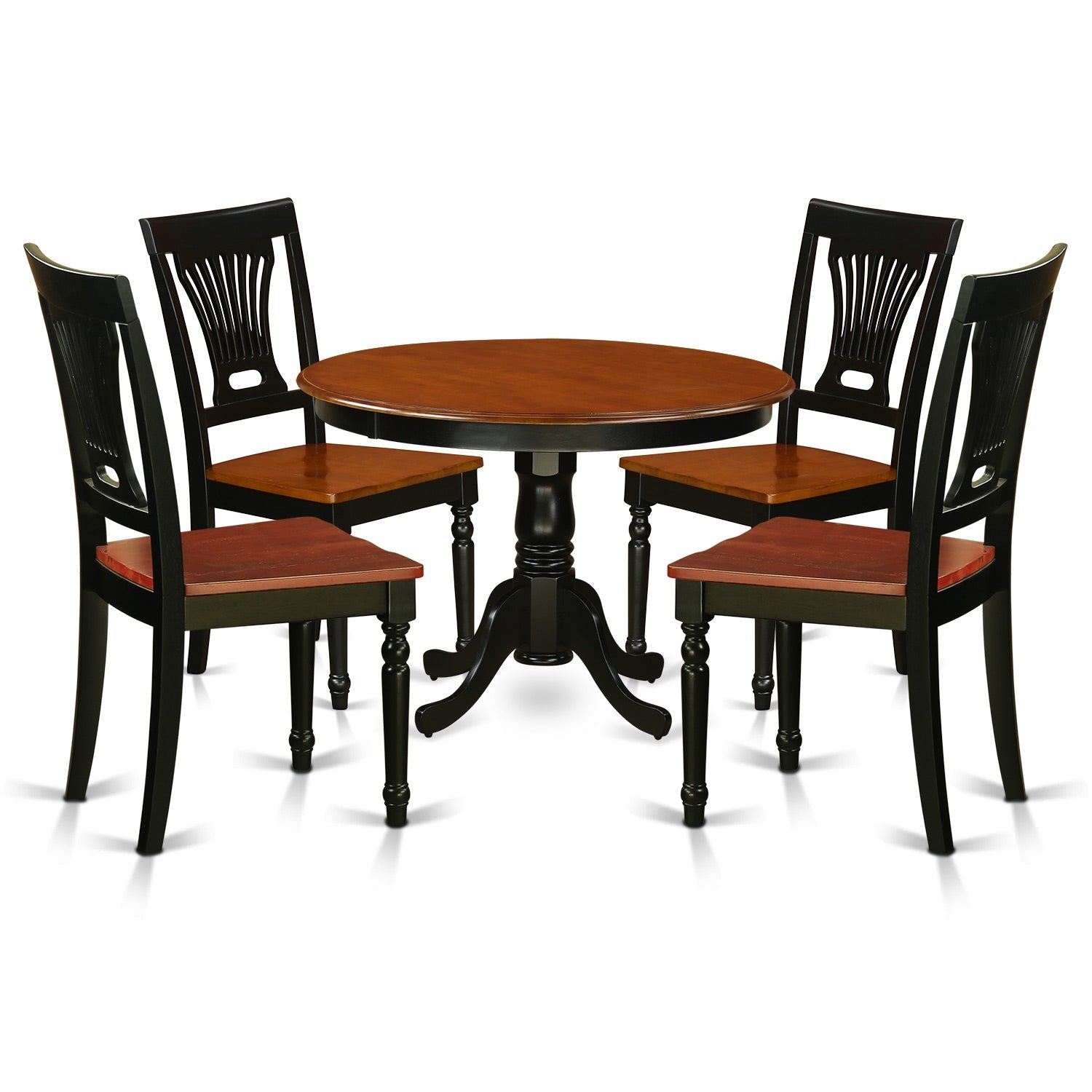 Juego de mesa de cocina de 5 piezas East West Furniture HLPL5-BCH-W para 4 personas. Incluye una mesa de comedor redonda con pedestal y 4 sillas de comedor.